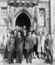 Four years after the chain reaction took place, on Dec. 2, 1946, several of the nuclear pioneers gathered for an anniversary celebration. In the front row, on the far left, is Enrico Fermi.