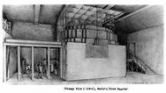 A drawing of Chicago Pile-1, where the first man-made nuclear chain reaction took place on Dec. 2, 1942 beneath the stands of the University of Chicago’s football field.