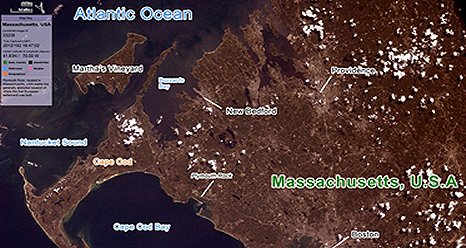 A picture of the east coast of Massachusetts taken as part of the Earth Knowledge Acquired by Middle school students (EarthKAM) mission. (EarthKAM)