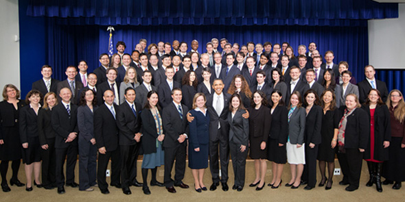 President Barack Obama poses for a group photo with the 2009 Recipients for the Presidential Early Career Award for Scientists and Engineers in the South Court Auditorium of the White House Dec. 13, 2010. (Official White House Photo by Chuck Kennedy)