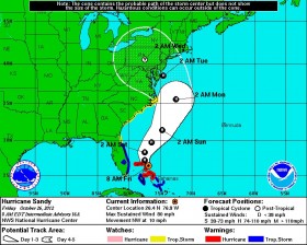 Government Weather Forecast of Hurricane Sandy showing the map of the Atlantic Coast and the storm making its way up.