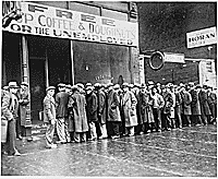 Thumbnail for: Unemployed men queued outside a depression soup kitchen opened in Chicago by Al Capone, 02/1931