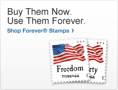 Buy Them Now. Use Them Forever. Shop Forever® Stamps. Image of 2 stamps bearing the image of the Flag of the United States with the words Freedom and a line through the word Forever.