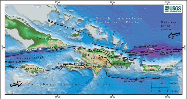 Map of the North American Caribbean tectonic plate boundary. Click to return to Introduction.
