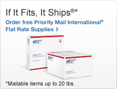 If It Fits, It Ships®. Order free Priority Mail International® Flat Rate Supplies. Mailable items up to 20 lbs. Image of Priority Mail boxes. 