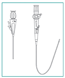 Drawing of a cystoscope and a ureteroscope. The rigid cystoscope has a straight stem. The semirigid ureteroscope has a u-shaped bend.