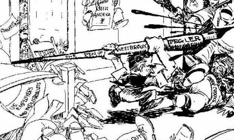Cartoon showing Pegler charging racketeers with a pen