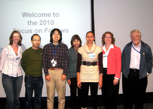 2010 Focus on Fellows Best Scientific Presentations with the NEI Leadership.  (left to right) Dr. Dr. Anna Hansen, Dr. Wei Li (standing in for Dr. Jodie Pope), Dr. Shinya Yamamoto, Dr. Sarah Sohraby (Deputy Scientific Director), Marie-Audrey Kautzmann, Dr. Deborah Carper (NEI Deputy Director), and Dr. Sheldon Miller (Scientific Director).