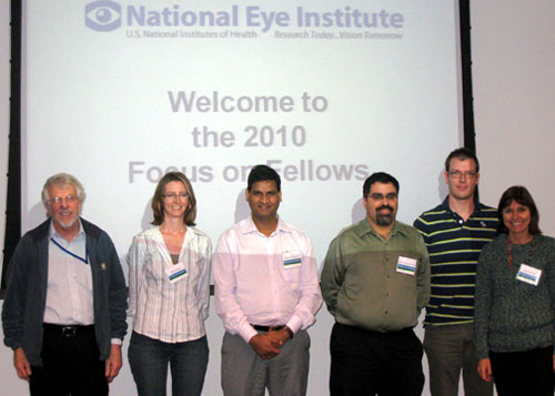 2010 Scientific Directors Award Winners with the NEI Leadership.  (left to right) Dr. Sheldon Miller (Scientific Director), Dr. Anna Hansen, Dr. Brajendra Tripathi, Dr. Cesar Perez-Gonzalez (Intramural Training Program Manager), Dr. Jerome Roger (N-NRL, Dr. Swaroop), and Dr. Sarah Sohraby (Deputy Scientific Director).