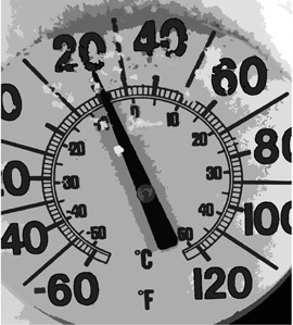 Photograph of an outdoor thermometer in the snow
