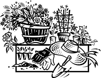 Image of gardening tools and plants.