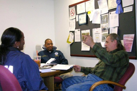 Greg Soder, right, of the Narragansett Indian Tribe discussed Public Assistance projects to help the tribe recover from Hurricane Sandy with FEMA Branch Director Tim Barnett and Public Assistance Project Specialist Marcia Henry-Day.