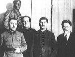 A celebration of Joseph Stalin's 50th birthday in the Kremlin, December 21, 1929, with party members Ordzhonikidze, Voroshilov, Kuibyshev, Stalin, Kalinin, Kaganovich, and Kirov, as a statue of Lenin