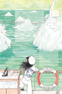 woman looking out at icebergs from a ship