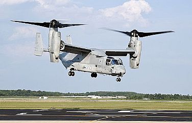 A U.S. Marine Corps MV-22 Osprey lifts off from Naval Air Station Patuxent River during a successful biofuel test flight. The tilt-rotor aircraft flew at altitudes of up to 25,000 feet on a 50-50 blend of camelina based biofuel and standard petroleum based JP-5 fuel.  U.S. Navy photo by Steven Kays (Released)  110810-N-ZZ999-001