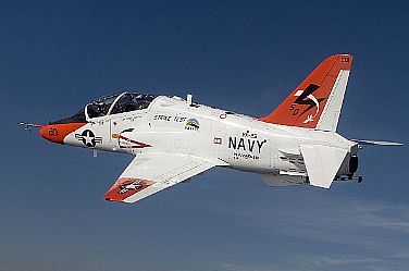 A T-45C Goshawk training aircraft assigned to the Salty Dogs of Air Test and Evaluation Squadron (VX) 23 conducts a test flight using a biofuel blend of JP-5 jet fuel and plant-based camelina.  U.S. Navy photo by Kelly Schindler (Released)  110824-N-ZZ999-001