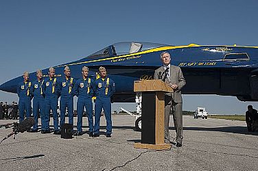 Secretary of the Navy (SECNAV) Ray Mabus speaks during a press conference at Naval Air Station Patuxent River about the U.S. Navy flight demonstration team, the Blue Angels, conducting demonstration flights with a 50-50 mix of biofuel and JP-5 aviation fuel. The Blue Angels will perform at the Naval Air Station Patuxent River Air Expo Sept. 3 and 4.  U.S. Navy photo (Released)  110901-N-JM744-077