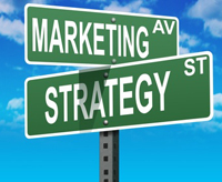 Photograph of street signs that read Marketing and Strategy.