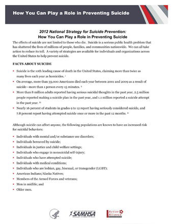National Strategy for Suicide Prevention 2012: How You Can Play a Role in Preventing Suicide