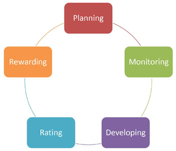 image of Cycle of Performance Management includes Planning, Monitoring, Developing, Rating, Rewarding