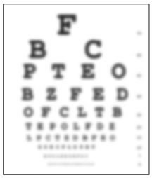 Ilustración de una tabla optométrica vista con visión borrosa con filas de letras en tamaños descendientes usados para un examen ocular. La tabla visual aparece borrosa.