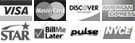 Visa, MasterCard, Discover, American Express, Star, Bill Me Later, Pulse, NYCE icons