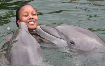 girl in water with dolphins