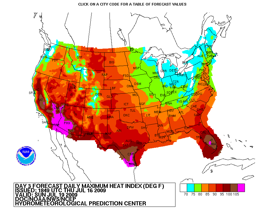 Heat Index forecast map for the contiguous United States