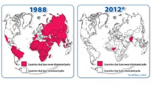 world map comparing polio from 1988 to 2012 from CDC, Global Health - Polio
