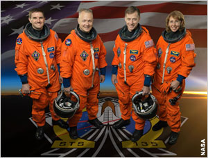 Crew of the final shuttle mission, from left: Mission Specialist Rex Walheim, Pilot Doug Hurley, Commander Chris Ferguson, Mission Specialist Sandra Magnus