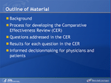 This slide set is based on a comparative effectiveness review (CER) titled, Comparative Effectiveness of Angiotensin-Converting Enzyme Inhibitors (ACEIs) or Angiotensin II-Receptor Blockers (ARBs) Added to Standard Medical Therapy for Treating Stable Ischemic Heart Disease (IHD), that was developed by the University of Connecticut/Hartford Hospital Evidence-based Practice Center for the Agency for Healthcare Research and Quality (AHRQ) and is available online at effectivehealthcare.ahrq.gov (Contract No. 290-2007-10067-I). CERs represent comprehensive systematic reviews of the literature usually comparing two or more types of treatment, such as different drugs, for the same disease. Primary clinical trials were identified from searches of MEDLINE (1966 to February 2009), Embase (1974 to February 2009), and the Cochrane Central Register of Controlled Trials (1966 to February 2009). The methods used to develop this CER followed version 1.0 of the Methods Reference Guide for Effectiveness and Comparative Effectiveness Reviews published by AHRQ (draft available at: http://effectivehealthcare.ahrq.gov/repFiles/2007_10DraftMethodsGuide.pdf). The talk will cover the current evidence on the burden of cardiovascular disease in the U.S. followed by the available statistics and characteristics of the target population, patients with stable ischemic heart disease (IHD) and preserved left ventricular systolic function (LVSF). We will briefly discuss the comparative effectiveness review process, including the specific questions addressed in this CER and the results from this research. Finally, the benefits and harms of each treatment modality are presented in such a way as to promote doctor-patient communication in order to facilitate an informed decisionmaking process.