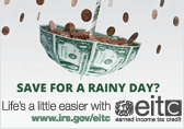 Raining money and umbrella is catching the change; IRS/EITC banner