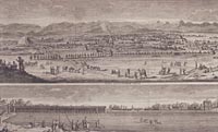 Isfahan, a vital center of trade in late medieval Iran, is here depicted in two panoramic scenes from volume 4 of the 1725 Paris edition of Voyages de Corneille Le Bruyn par la Moscovie, en Perse, et aux Indes Orientals by the Dutch traveler and artist Cornelis de Brun (1652-1726/27). Le Brun's memoirs are profusely illustrated with portraits of the people, the architecture, and the flora and fauna of the countries he visited.