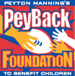 Peyton Manning's Peyback Foundation to benefit children logo, showing a larger hand passing a football into smaller hands.