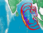 Shows the tsunami's progress across the Indian Ocean.