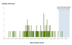 Chart showing bar graph indicating numbers of persons infected with the outbreak strains of Salmonella Agona by date of illness onset