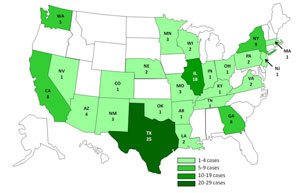 Chart and map of the United States showing Salmonella Agona infections by state