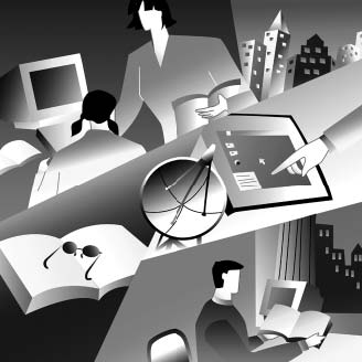 Clip art of young people working with computers, satellites, and other electronic equipment.