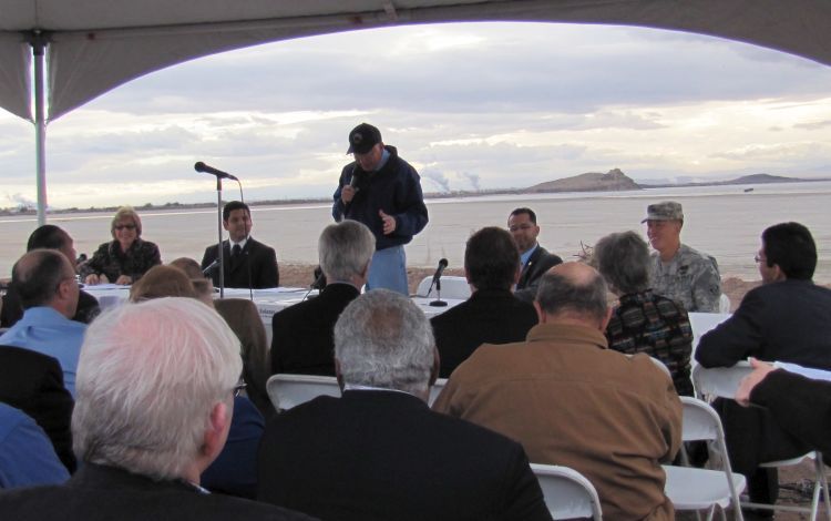 Interior Secretary Ken Salazar speaks about his commitment to work with Senator Boxer to find funding to help restore the Salton Sea.  They are joined by Congressman-elect Raul Ruiz, Assemblymember Manuel Perez, and the Army Corps of Engineers Colonel Mark Toy.