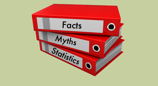Three binders with the words facts, myths, and statistics written on the spine