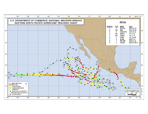 2012 Eastern Pacific Hurricane Season Track Map Part 1