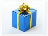 This is an image of a blue wrapped gift with a yellow ribbon.