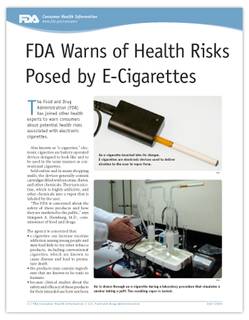 graphic link to PDF of this FDA Consumer Update about e-cigarettes, including captioned photos of e-cigarettes and FDA lab testing