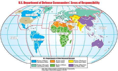 Map shows the world divided into State Department regional bureaus by colors and the Department of Defense Combatant Commands' area of responsibility delineated by line.