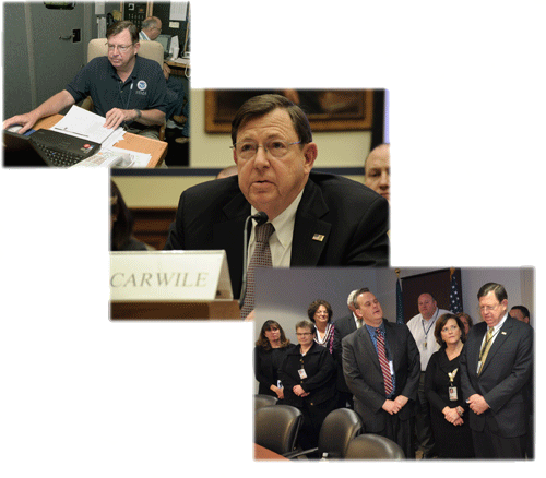 2004--Federal Coordinating Officer, Bill Carwile coordinates federal resources for the response to hurricane Ivan at the Emergency Operation Center. FEMA Photo/Andrea Booher February 3, 2010 -- FEMA's William L. Carwile, III, Associate Administrator, Response and Recovery at the House's Subcommittee on Economic Development, Public Buildings, and Emergency Management hearing on "FEMA's Urban Search and Rescue Program in Haiti: How to Apply Lessons Learned at Home" FEMA/Bill Koplitz October 20, 2011 -- William Carwile (second left), FEMA Associate Administrator of Response and Recovery, met in Minot with U.S. Army Corps of Engineers Lieutenant Colonel Kendall A. Bergmann (left) at the Virgil Workman Village where many Souris River flood survivors will have temporary housing units this winter. FEMA is working with state and local partners to provide assistance to those affected by June's historic flooding in Minot. Photo by Cynthia Hunter/FEMA