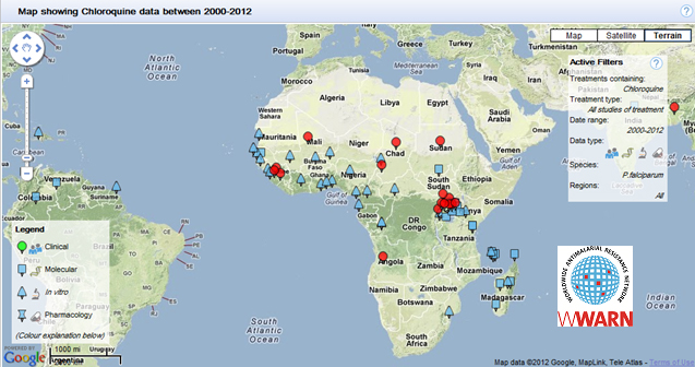 This map summarizes the available data from 2000 – 2012 describing chloroquine resistance in Africa. The map was generated by the WWARN Explorer, a product of the Worldwide Antimalarial Resistance Network, www.wwarn.org.