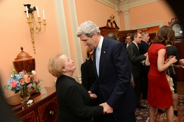 Secretary of State John Kerry greets former U.S. Secretary of State Madeleine Albright before his ceremonial swearing-in at the U.S. Department of State in Washington, DC, February 6, 2013.