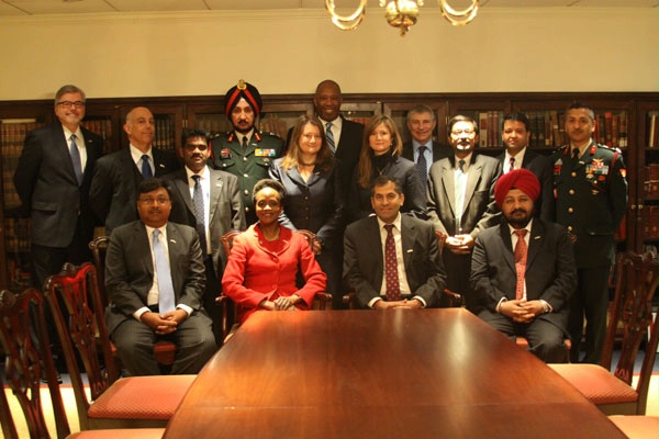 Members of the U.S. and the Indian Delegation pose after their morning meetings for the U.S. Joint Working Group on UN Peacekeeping at the State Department.