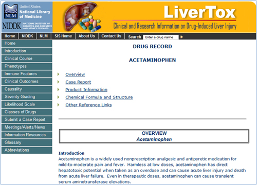 Sample results page for LiverTox