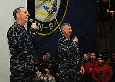 Chief of Naval Operations (CNO) Adm. Jonathan Greenert and Master Chief Petty Officer of the Navy (MCPON) Rick D. West speak to Sailors during an all-hands call aboard the aircraft carrier USS Enterprise (CVN 65). The Enterprise Carrier Strike Group is underway conducting a composite training unit exercise (COMPTUEX).  U.S. Navy photo by Mass Communication Specialist Seaman Harry Andrew D. Gordon (Released)  120112-N-VH054-045